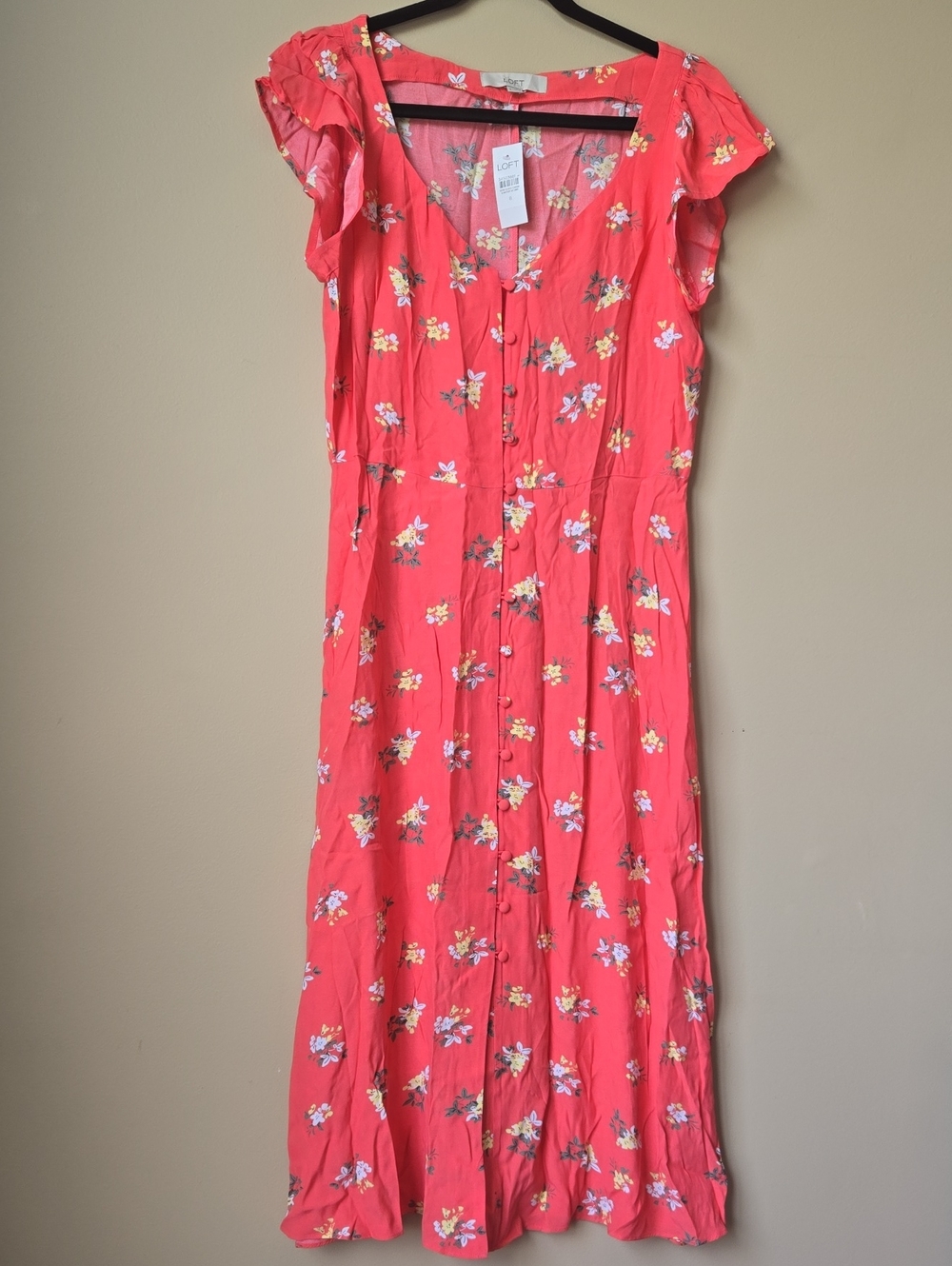 LOFT Coral Floral Button-Front Midi Dress